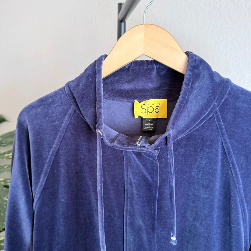 St.‎ John Spa Navy Blue Velour Velvet Zip Up Hooded Jacket Womens Medium M